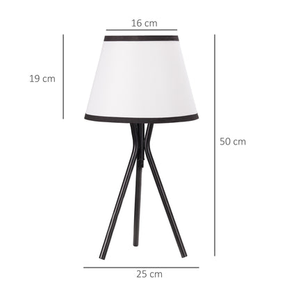 Lámpara de Mesa con Trípode de Metal Lámpara de Escritorio con Pantalla de Tela y Casquillo E27 Máx. 40W Estilo Moderno para Dormitorio Salón Ø25x50 cm Blanco y Negro
