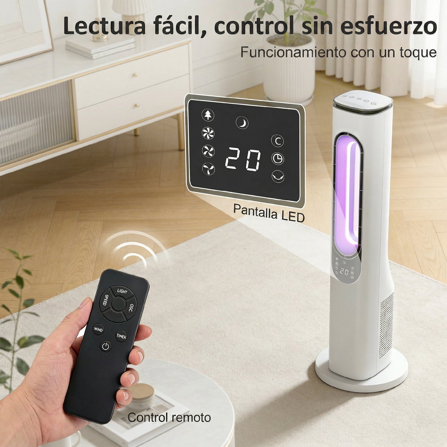 Ventilador de Torre sin Aspas con Luces LED Control Remoto 3 Velocidades 3 Modos Temporizador 15H Oscilación 50° Blanco