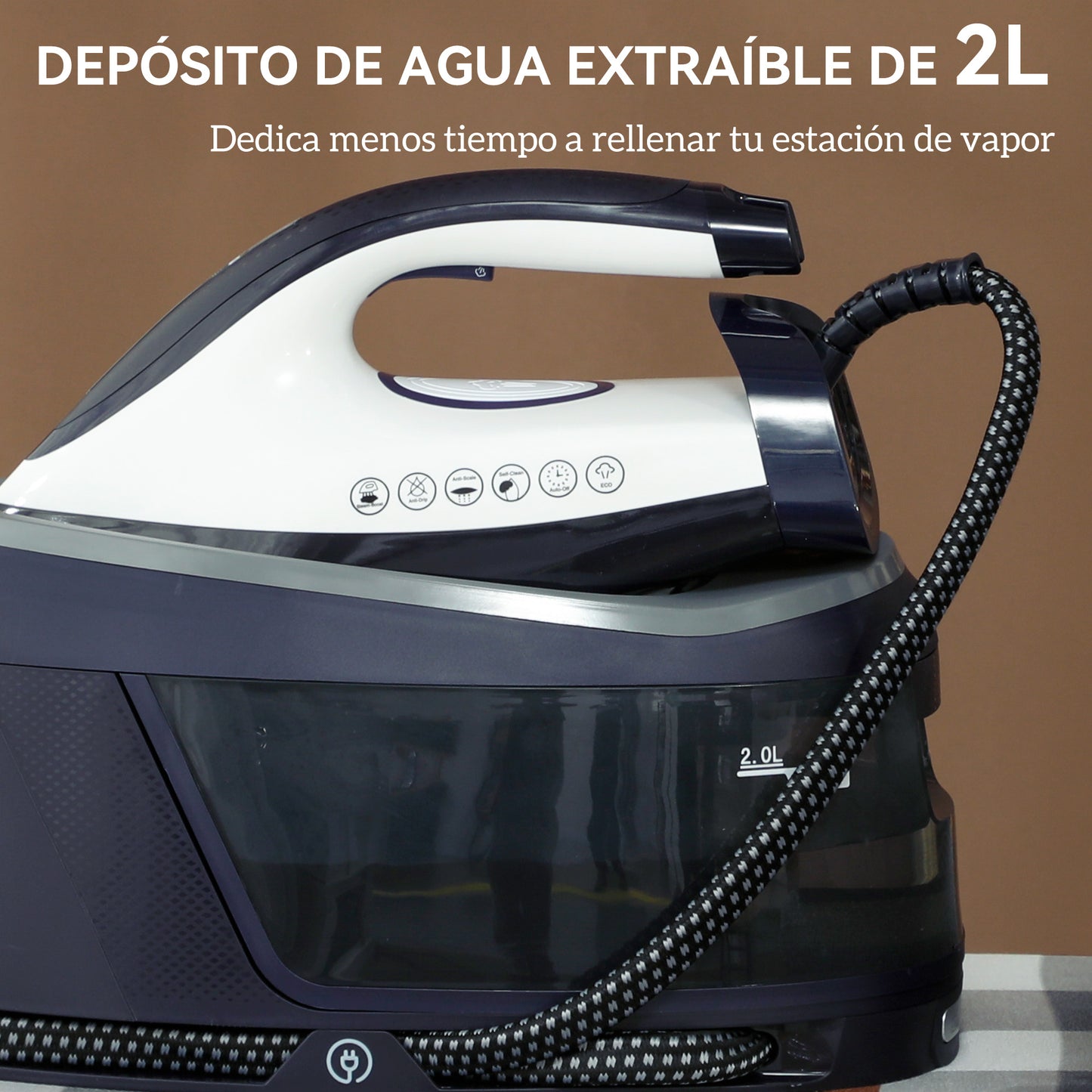 Centro de Planchado 2800W 100 g/min Función ECO Suela de Cerámica Doble Capa Antical Depósito Extraíble 2 L Azul