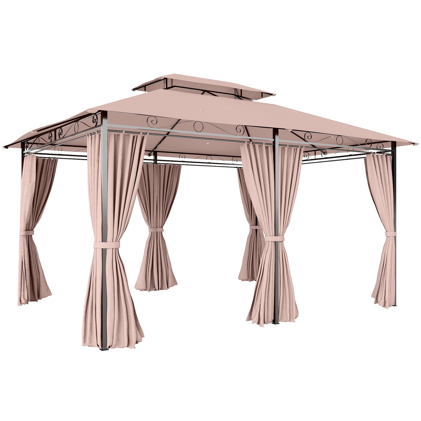 Gazebo de Jardín 4x3m con Doble Techo y Cortinas Laterales en Acero y Poliéster, Color Caqu