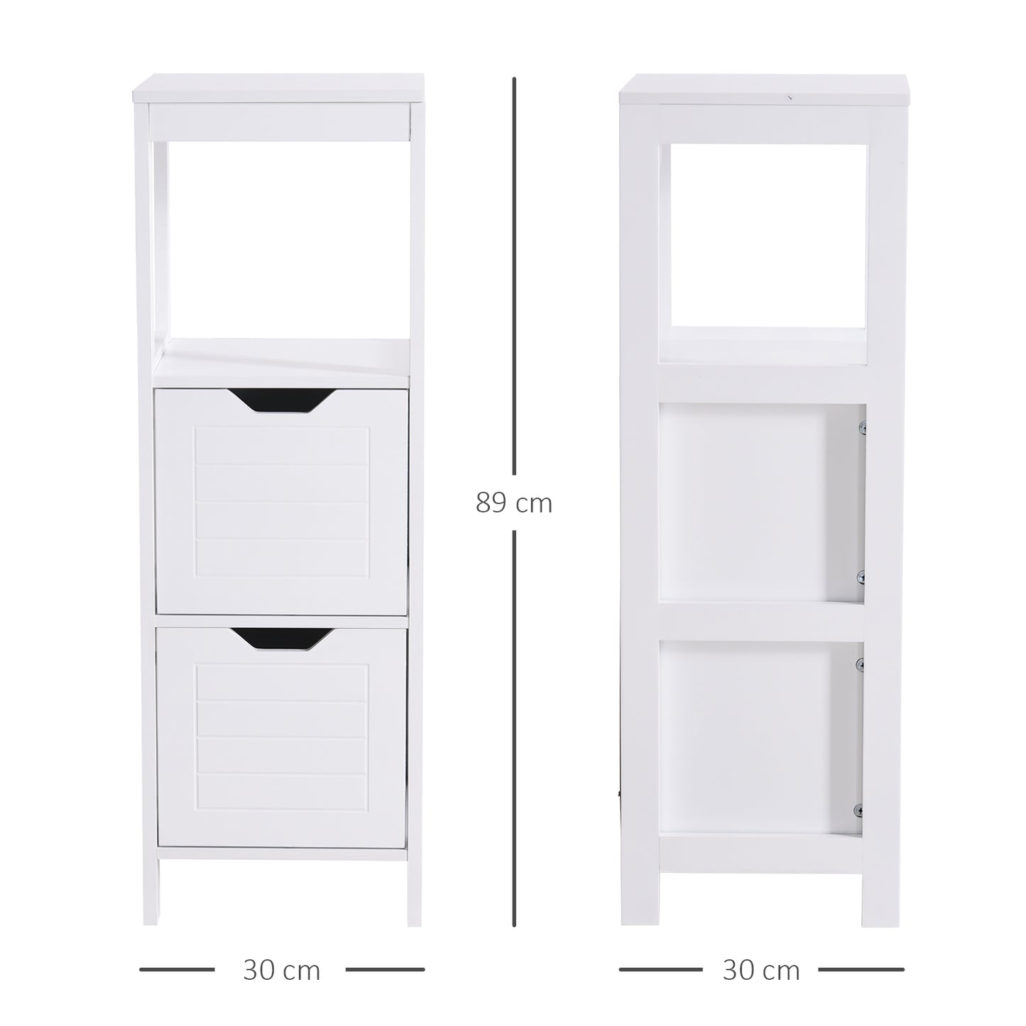 Armario de Baño Gabinete Multifuncional con Estante Abierto 2 Cajones de Almacenaje Diseño Antivuelco 30x30x89 cm Blanco