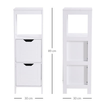 Armario de Baño Gabinete Multifuncional con Estante Abierto 2 Cajones de Almacenaje Diseño Antivuelco 30x30x89 cm Blanco