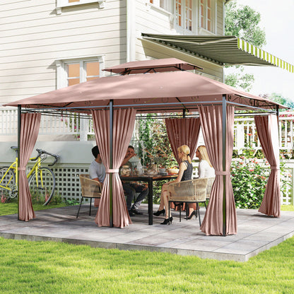 Gazebo de Jardín 4x3m con Doble Techo y Cortinas Laterales en Acero y Poliéster, Color Caqu