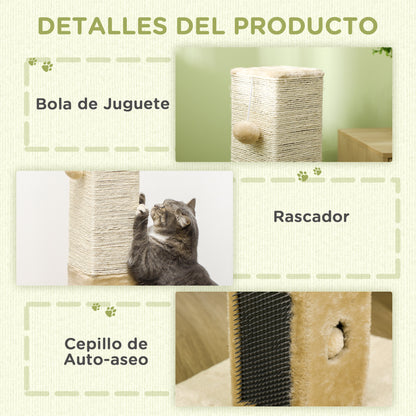 Rascador para Gatos de Yute con Base de Alfombra y Juguete Colgante - Beige