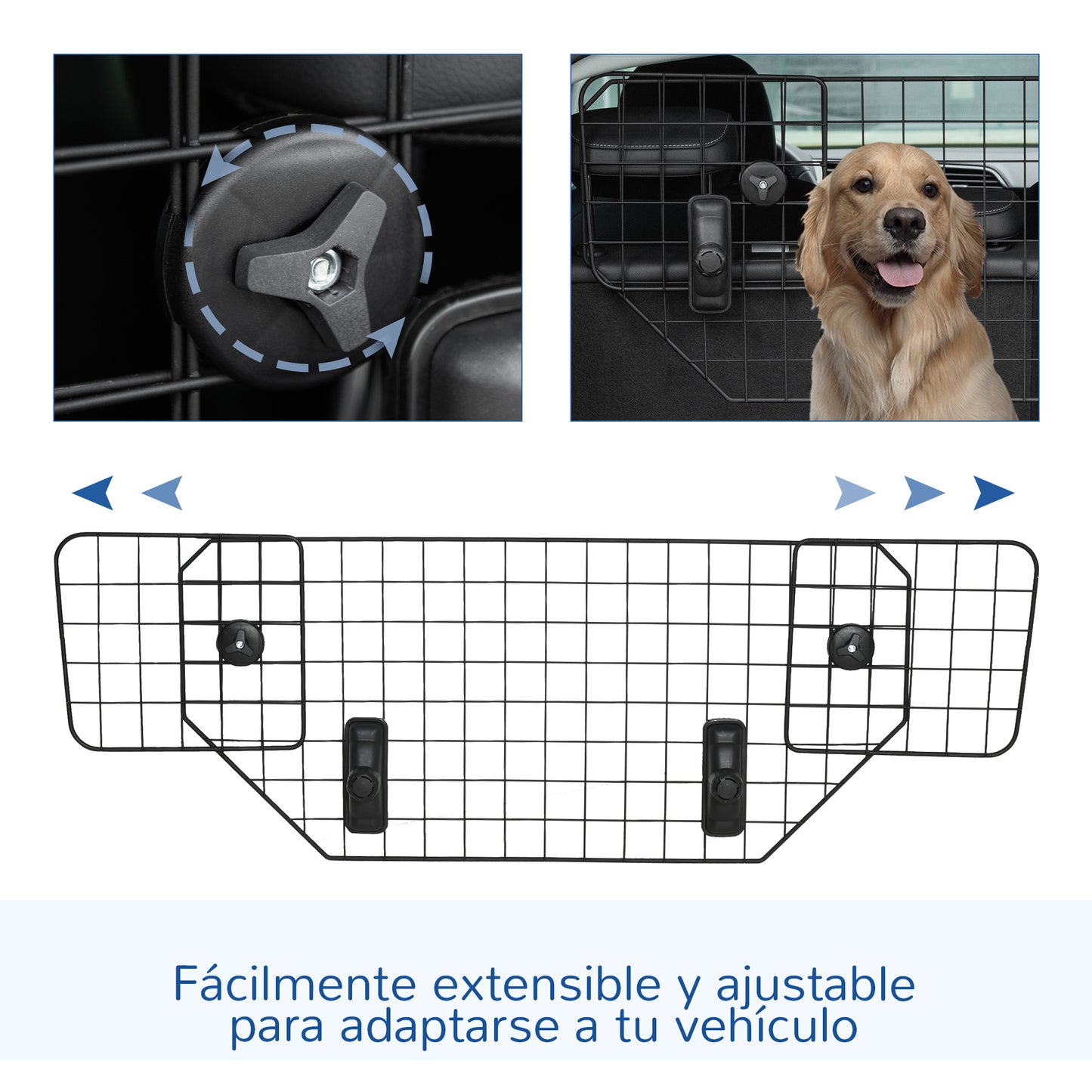 Protector para perros para coches Barrera ajustable para maletero Malla de metal con reposacabezas para mascotas, 90-120W x 40,5H cm