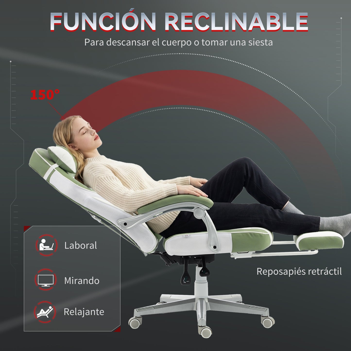 Silla Gamer Reclinable con Altura Ajustable Reposapiés Retráctil Soporte Lumbar y Reposacabezas Desmontable Verde