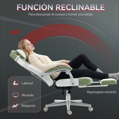 Silla Gamer Reclinable con Altura Ajustable Reposapiés Retráctil Soporte Lumbar y Reposacabezas Desmontable Verde