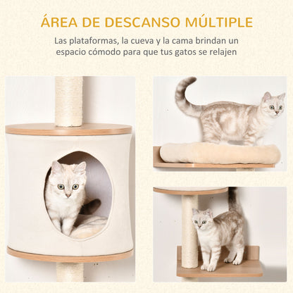 Árbol para Gatos de Pared 38x30x149 cm con Múltiples Plataformas de Madera Cueva Cama Superior Cojín Extraíble Postes Rascadores de Sisal Torre para Escalar Beige y Roble