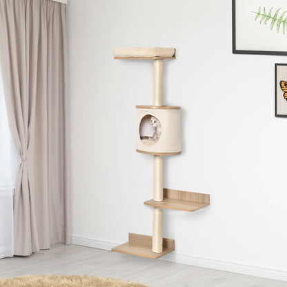 Árbol para Gatos de Pared 38x30x149 cm con Múltiples Plataformas de Madera Cueva Cama Superior Cojín Extraíble Postes Rascadores de Sisal Torre para Escalar Beige y Roble