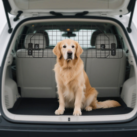 Protector para perros para coches Barrera ajustable para maletero Malla de metal con reposacabezas para mascotas, 90-120W x 40,5H cm