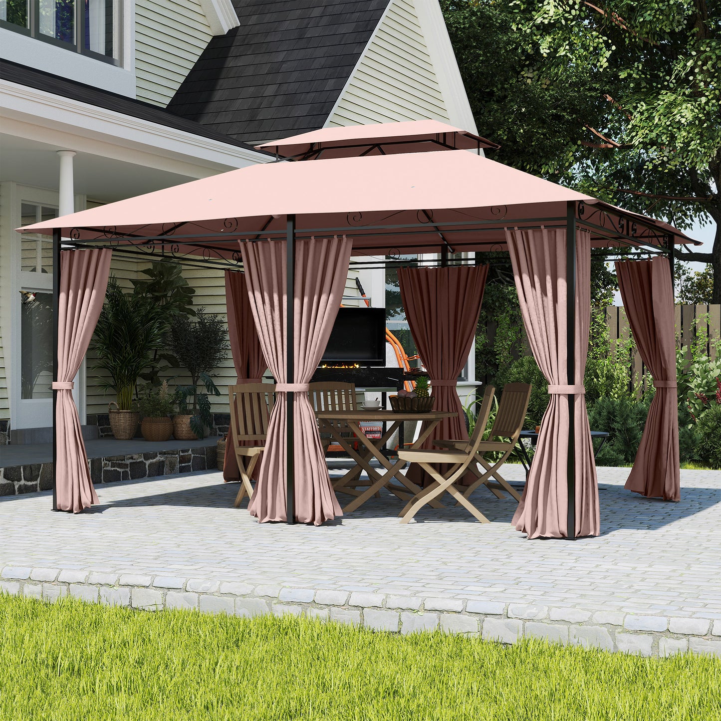 Gazebo de Jardín 4x3m con Doble Techo y Cortinas Laterales en Acero y Poliéster, Color Caqu