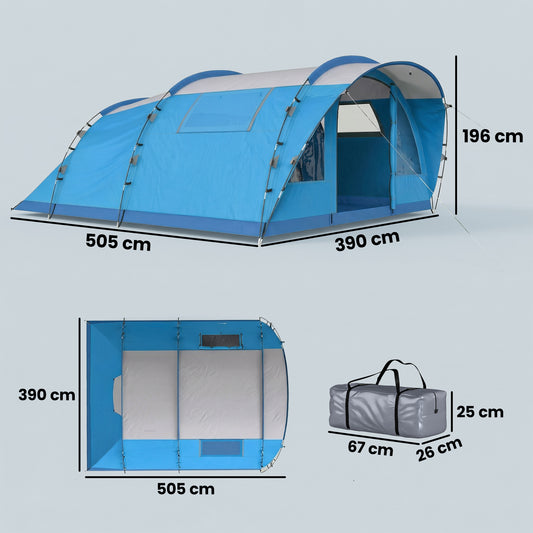 Tienda de Campaña Familiar Tipo Túnel para 5 Personas con 3 Habitaciones Puerta 4 Ventanas Impermeable Fácil Montaje