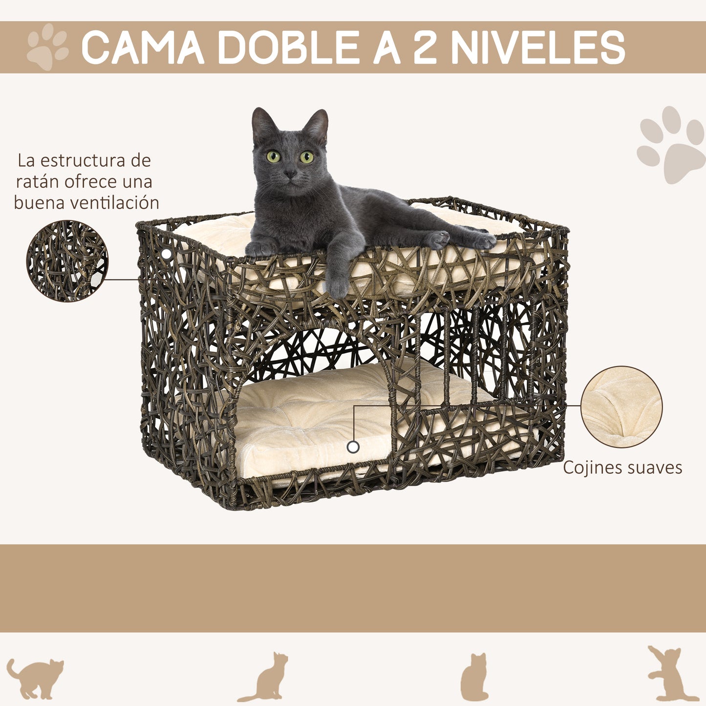 PawHut Cesta de Ratán para Gatos de 2 Alturas Cama Cueva de Gatos con 2 Cojines Suaves y Ventana 56x41x45 cm Café Oscuro