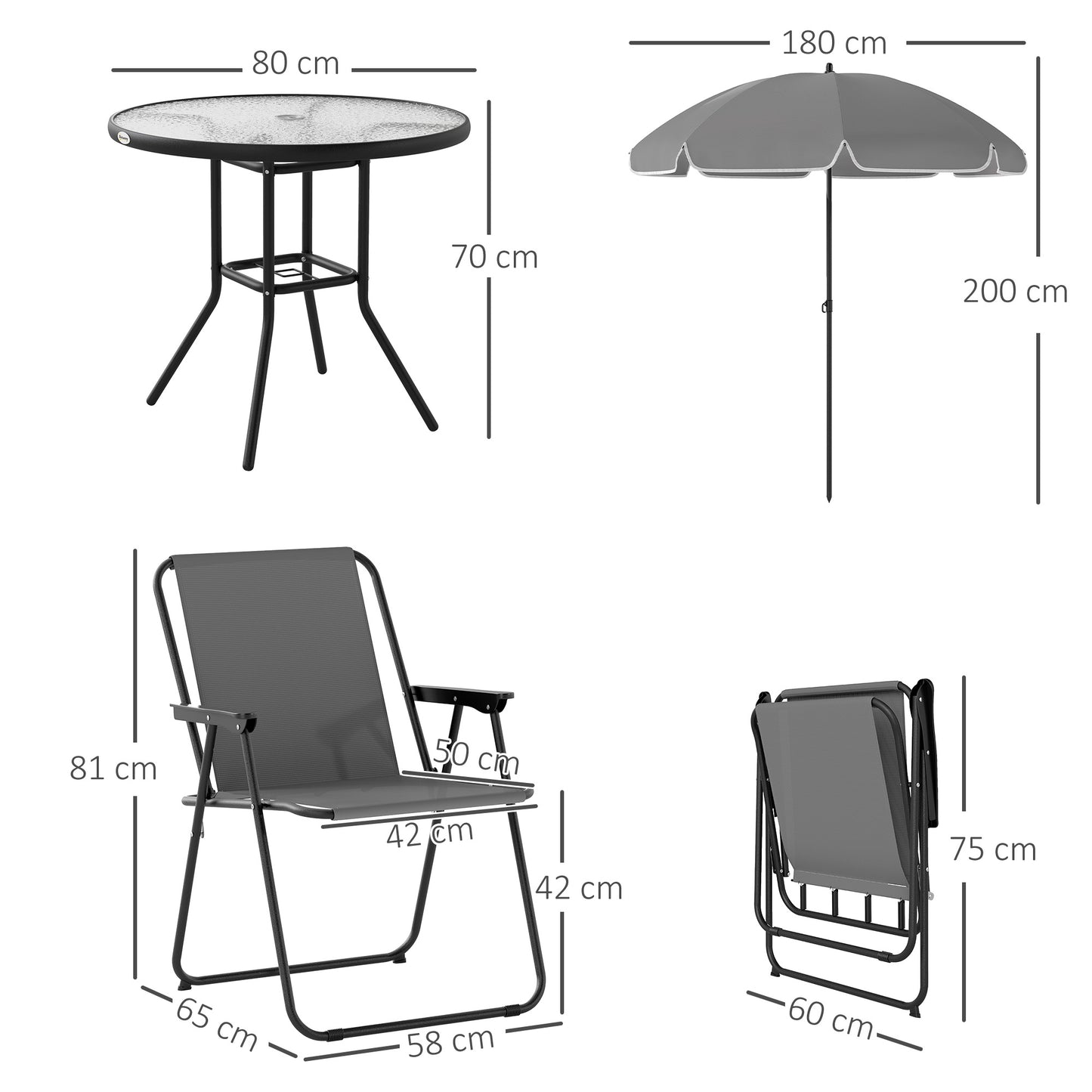 4 Seater Garden Furniture Set, 6 Pieces Garden Table and Chairs with Parasol, Outdoor Garden Dining Set with Folding Chairs and Round Glass Top Table for Patio, Grey