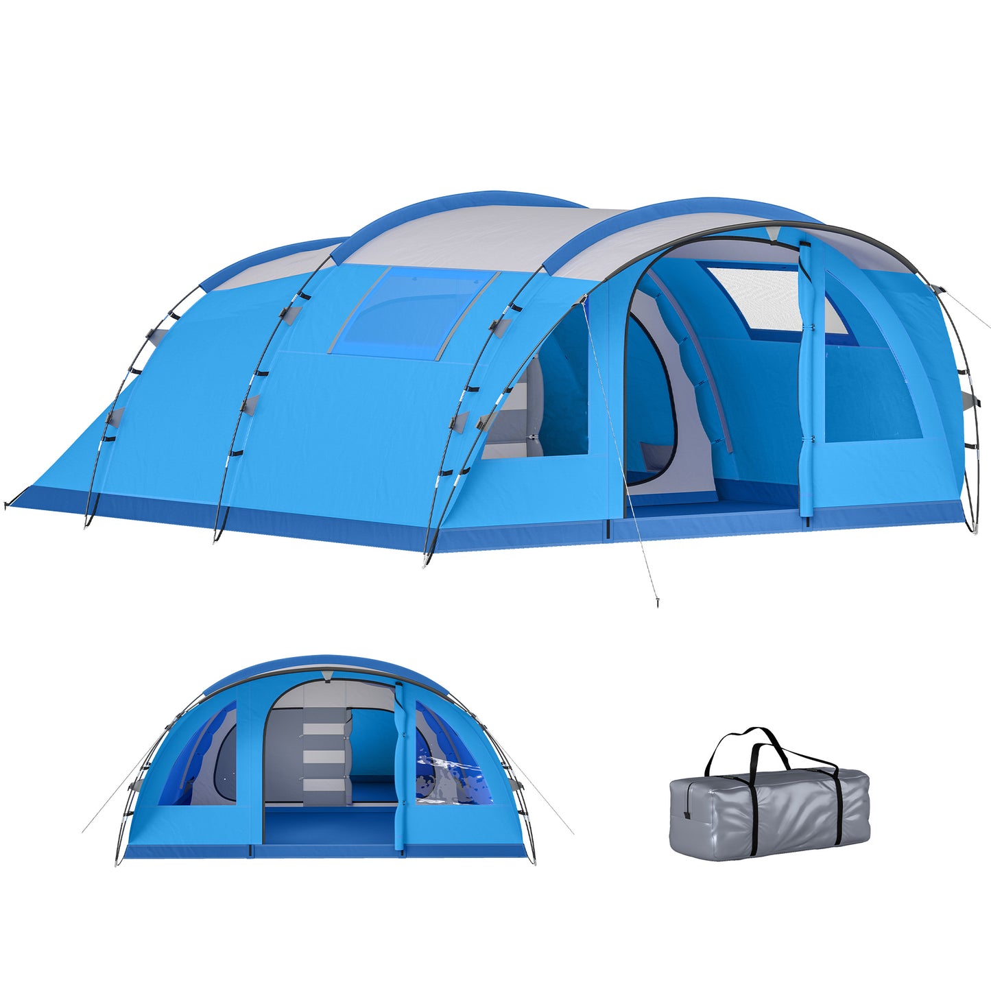 Tienda de Campaña Familiar Tipo Túnel para 5 Personas con 3 Habitaciones Puerta 4 Ventanas Impermeable Fácil Montaje