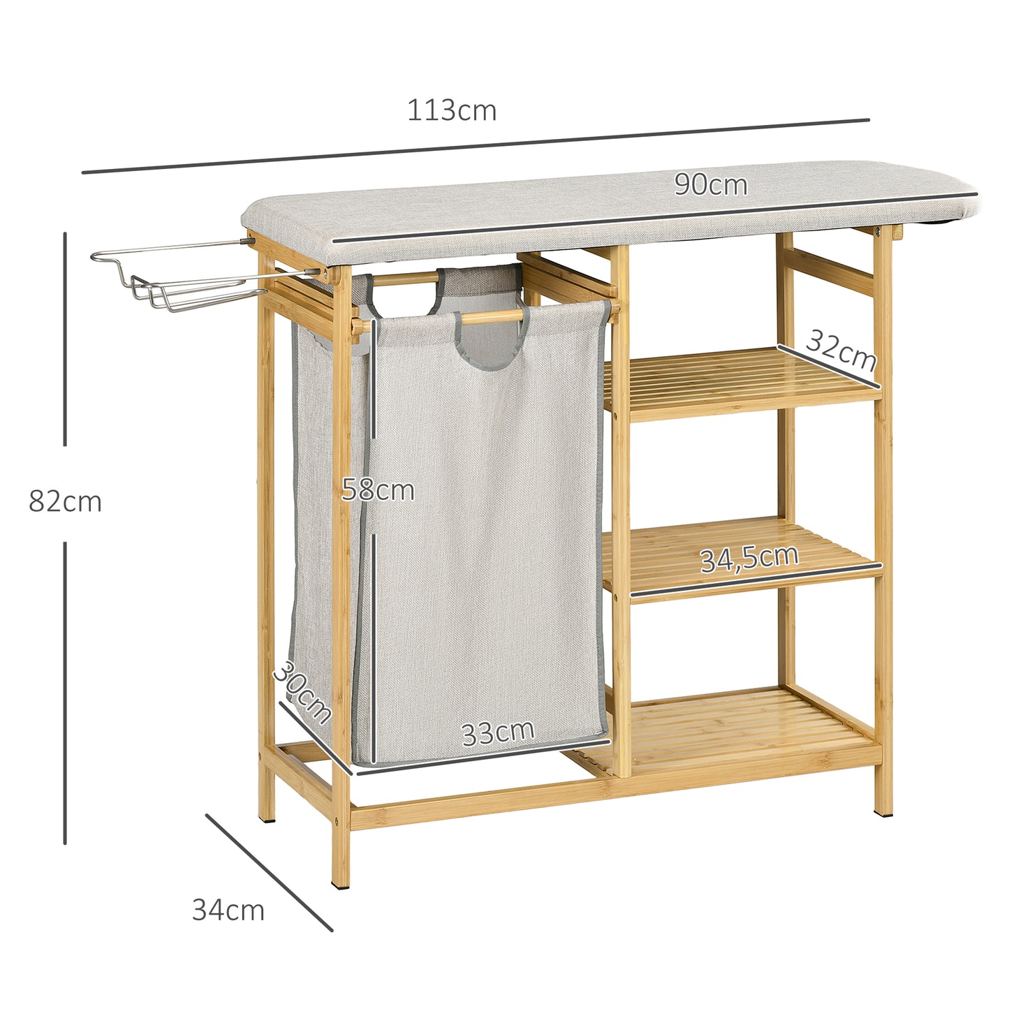 Cesto de Ropa Sucia 57,4L con Tabla de Planchar Soporte para Plancha 3 Estantes y Bolsa Extraíble 113x34x82 cm Natural