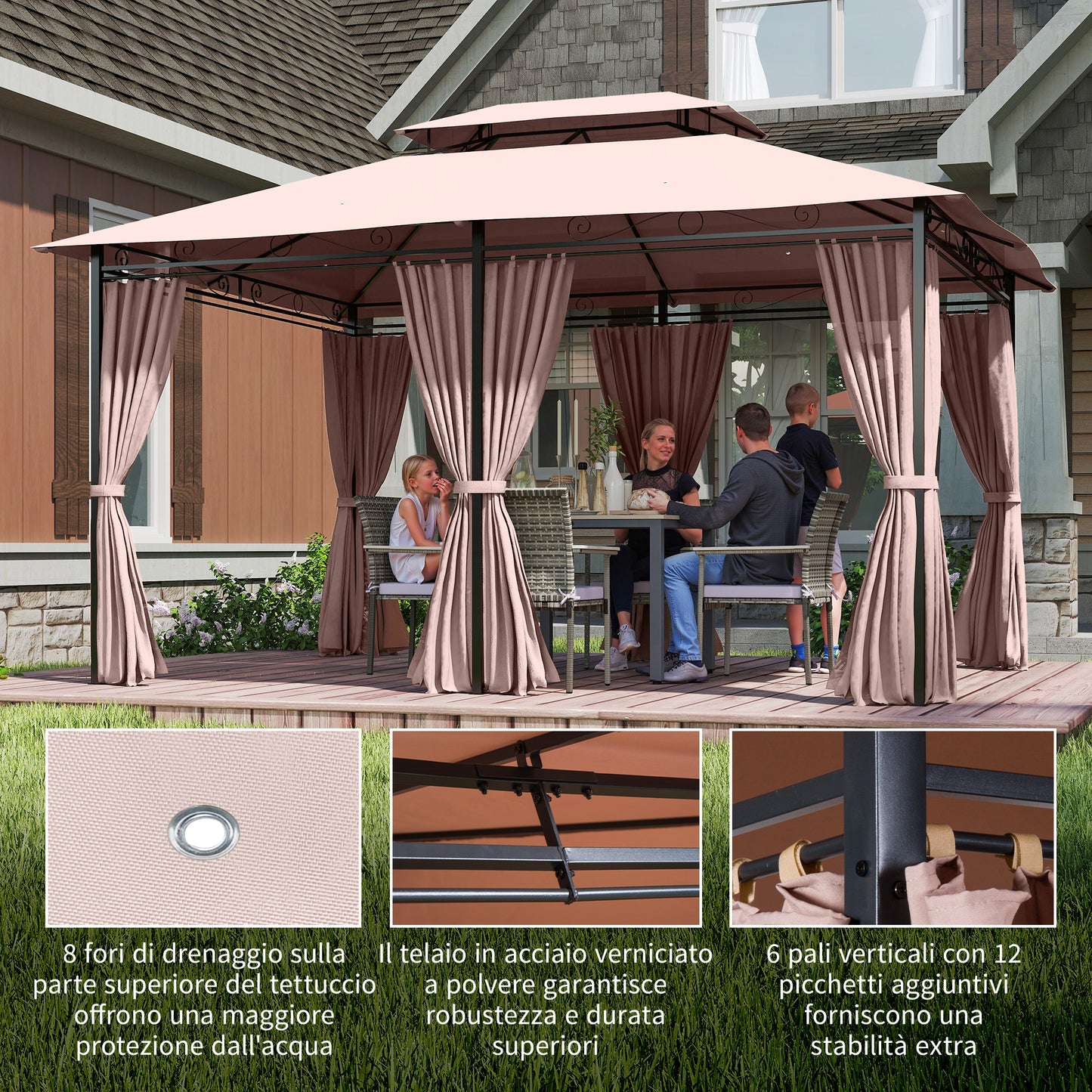 Gazebo de Jardín 4x3m con Doble Techo y Cortinas Laterales en Acero y Poliéster, Color Caqu