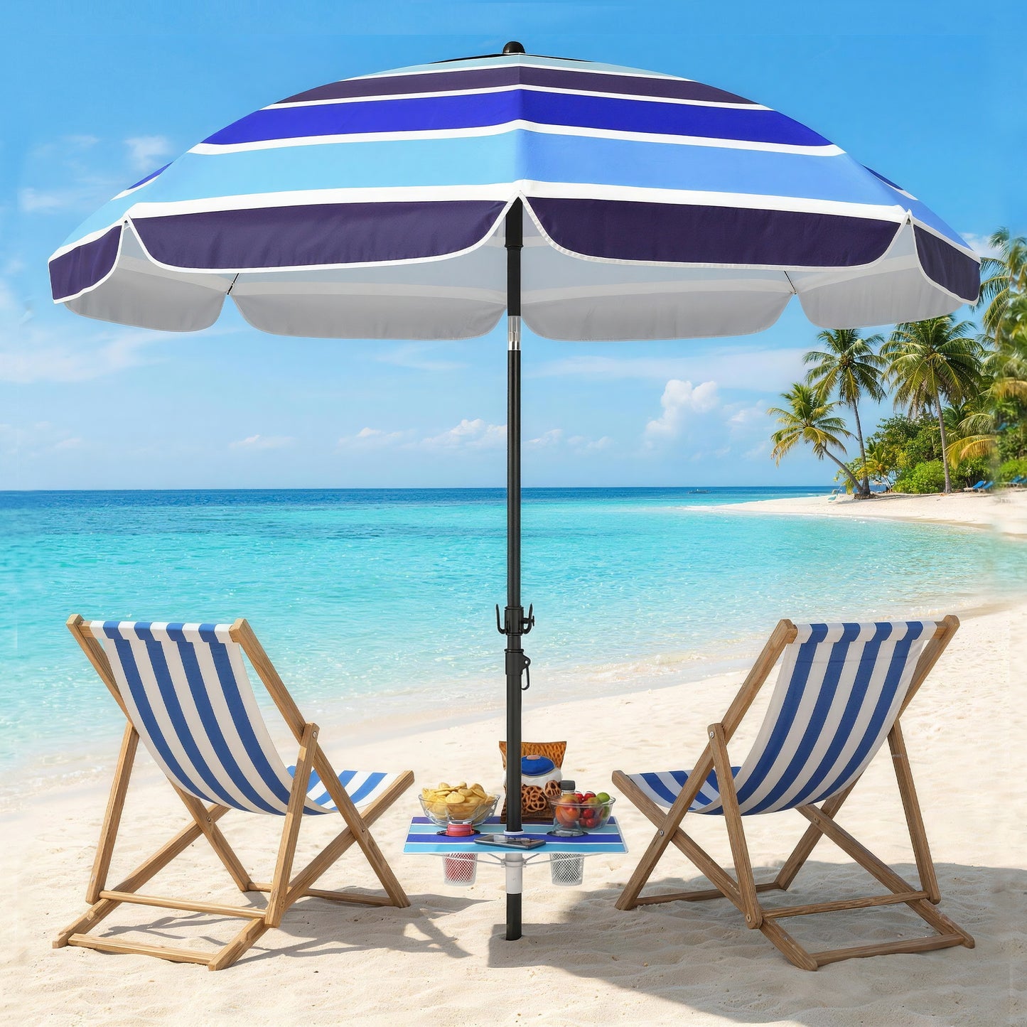 Sombrilla de Playa con Mesa Plegable y Portavasos Ø198 cm Altura Ajustable Inclinación Bolsa de Transporte Multicolor
