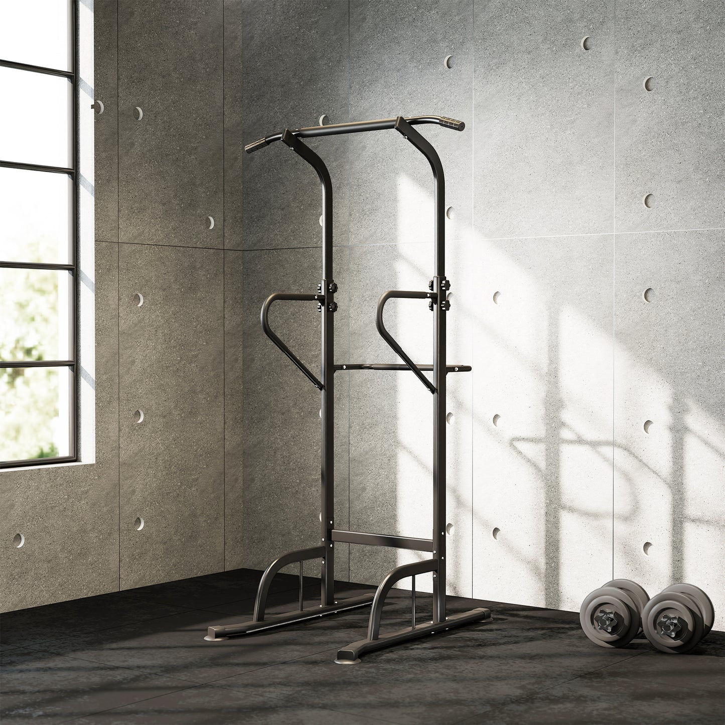 Torre de Potencia Estación de Fondos Barra de Dominadas Equipo Multifuncional de Flexiones con Altura Ajustable para Gimnasio en Casa Entrenamiento de Fuerza Fitness