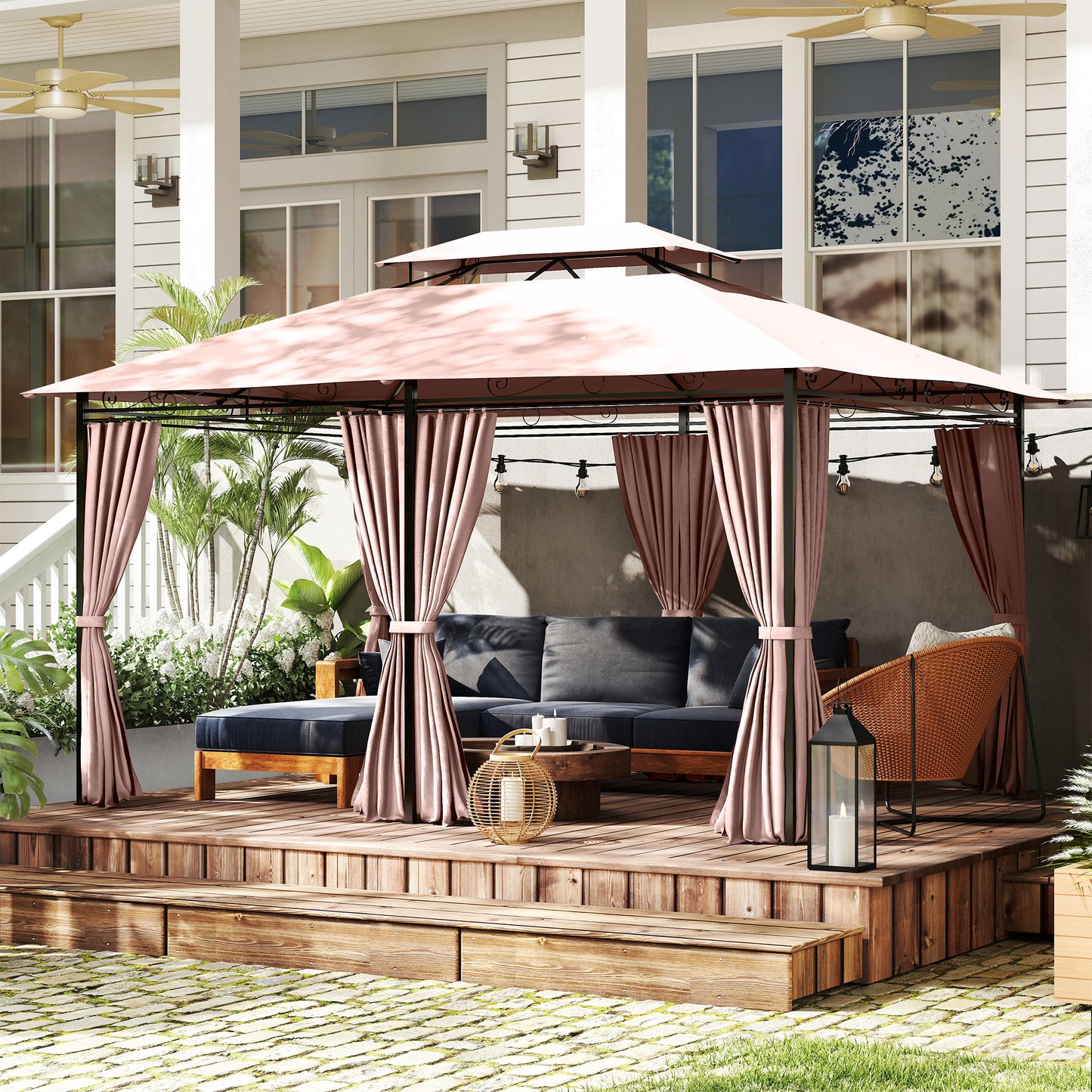 Gazebo de Jardín 4x3m con Doble Techo y Cortinas Laterales en Acero y Poliéster, Color Caqu
