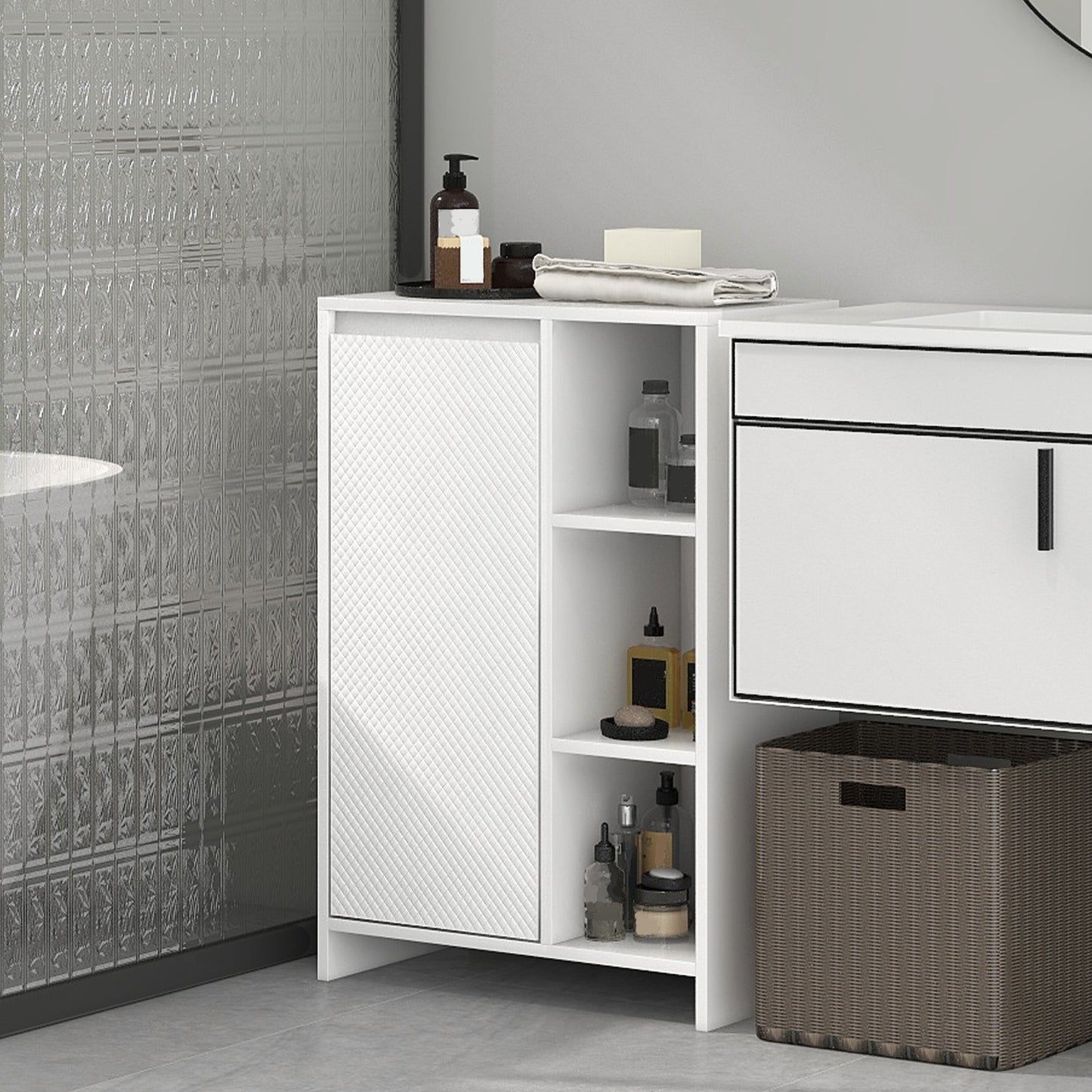 Armario de Baño con Estantes Abiertos Puerta y Estante Ajustable Antivuelco para Salón Dormitorio 53x30x80 cm Blanco