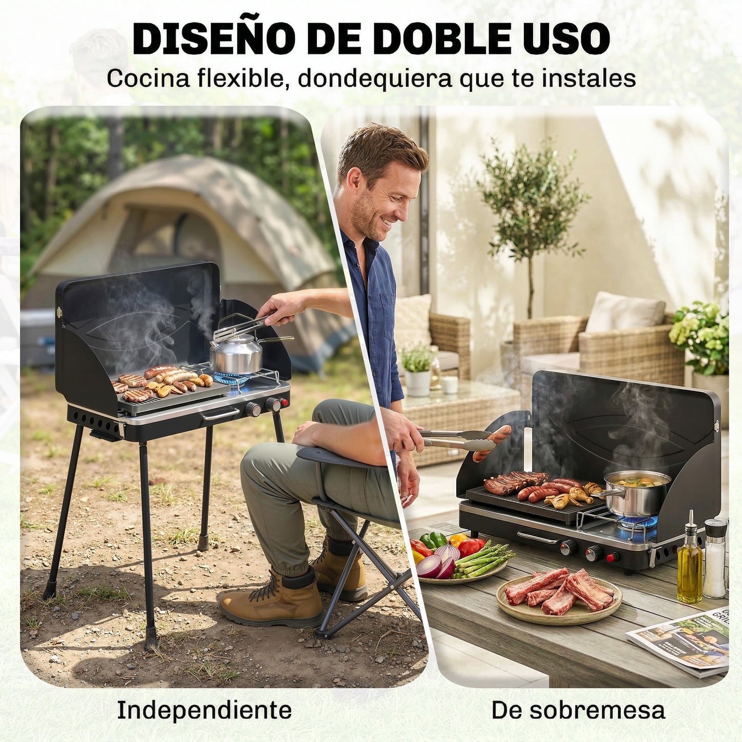 Barbacoa de Gas Portátil 2 en 1 Propano 7 kW de Mesa o de Pie con Plancha Grande Patas Desmontables Negro