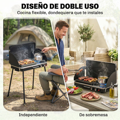 Barbacoa de Gas Portátil 2 en 1 Propano 7 kW de Mesa o de Pie con Plancha Grande Patas Desmontables Negro