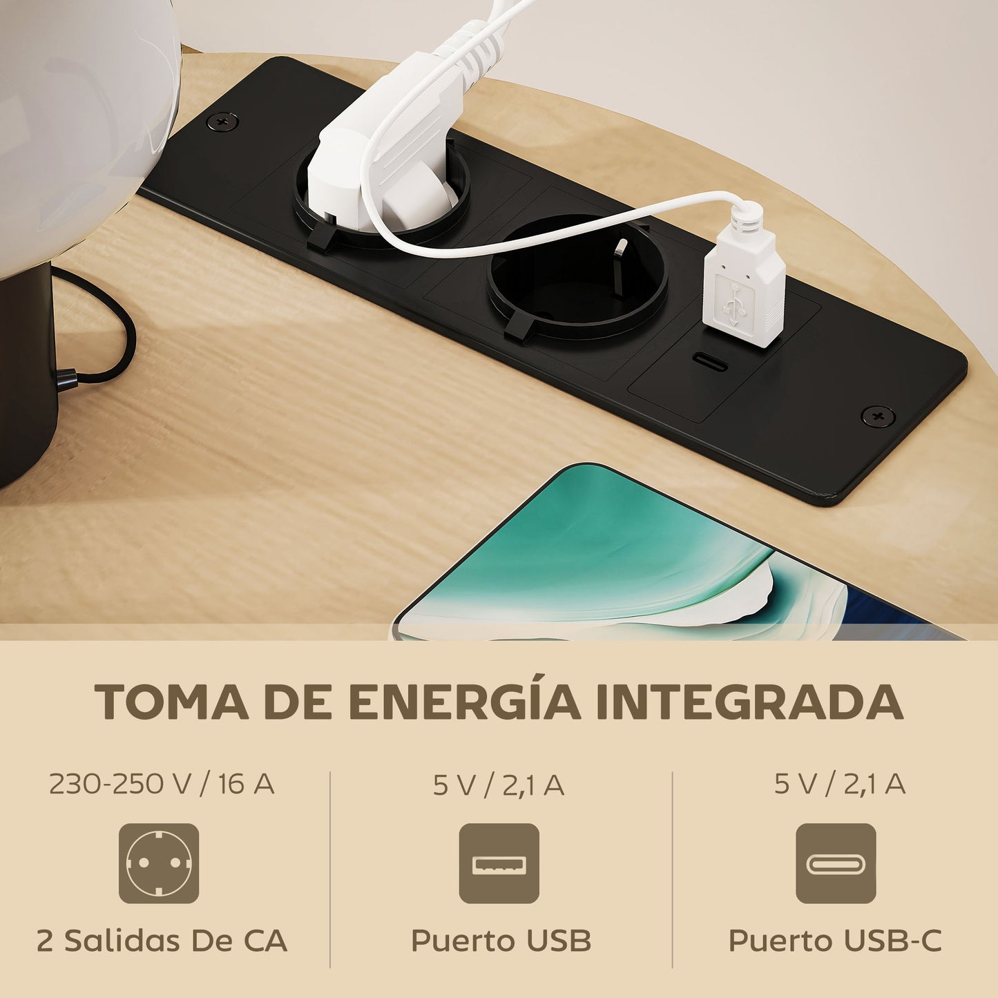 Mesa Auxiliar Redonda de 3 Niveles con Estación de Carga 3 Estantes y Bolsa para Salón Dormitorio Ø50x55,1 cm Natural