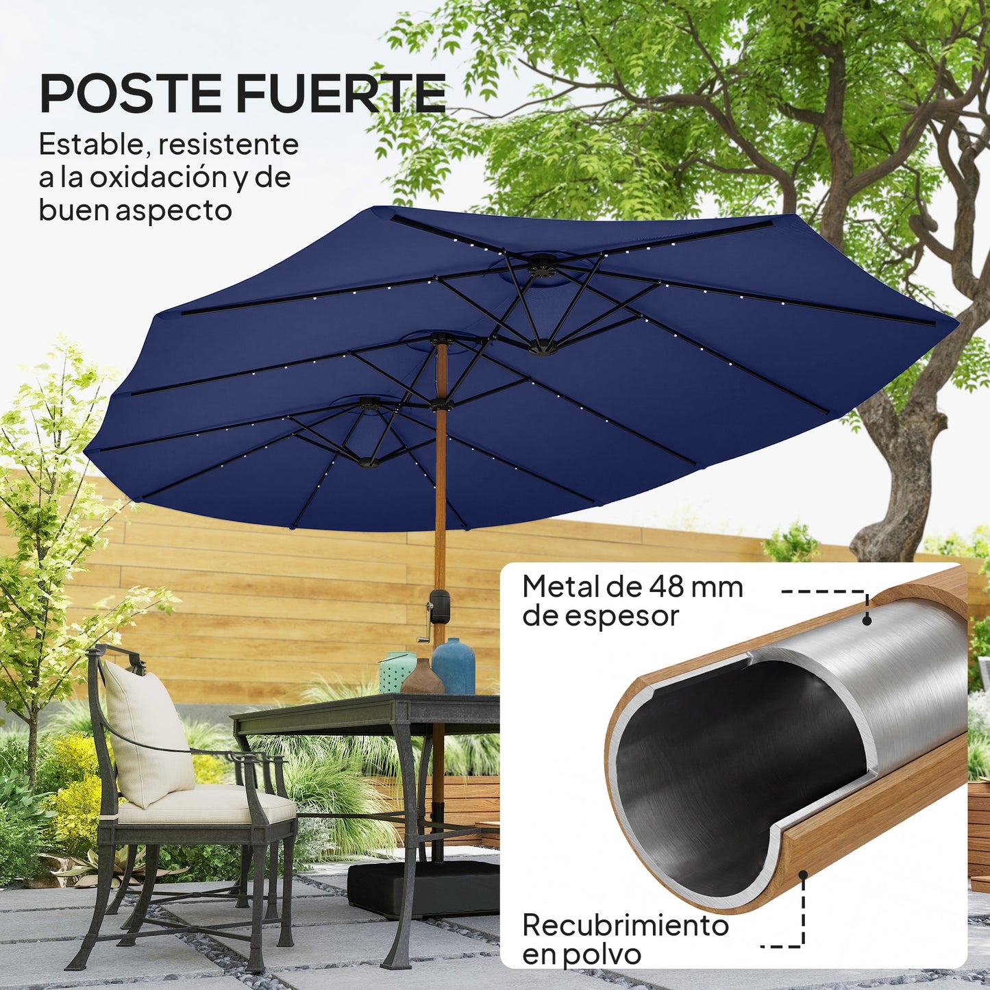 Sombrilla Doble de Jardín 4,7x2,8 m con Base Incluida Manivela Sacos de Arena Protección UV Impermeable Azul Oscuro