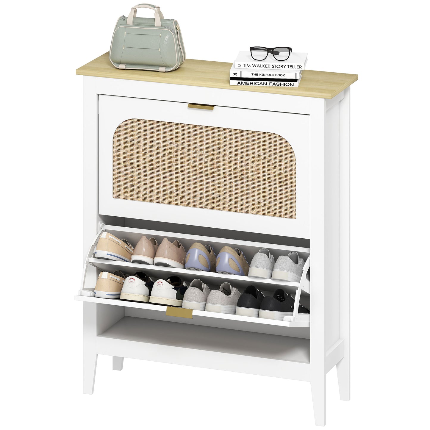 Armario estrecho para zapatos, gabinete delgado estilo boho con 2 cajones abatibles, capacidad para 14 pares, blanco