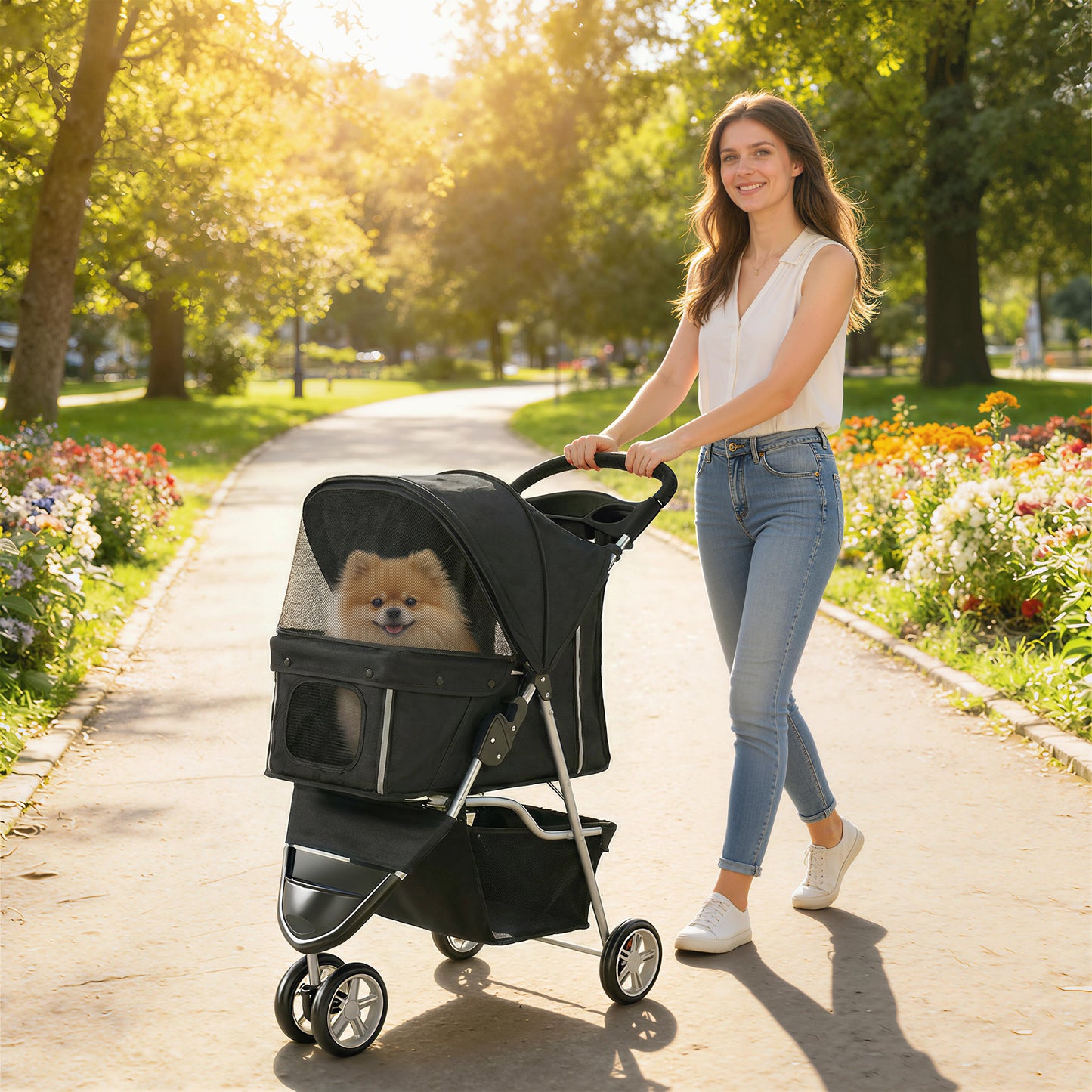 Cochecito para Mascotas de 3 Ruedas para Perros Pequeños y Miniatura, Negro