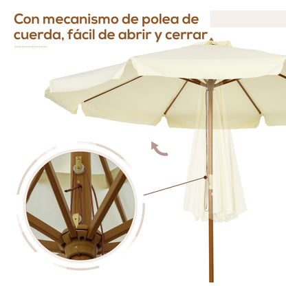 3.3(m) Patio Umbrella, Garden Parasol, Outdoor Sun Shade Canopy with 8 Bamboo Ribs, Ruffles and Wood Pole, Beige
