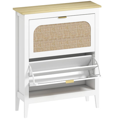 Armario estrecho para zapatos, gabinete delgado estilo boho con 2 cajones abatibles, capacidad para 14 pares, blanco
