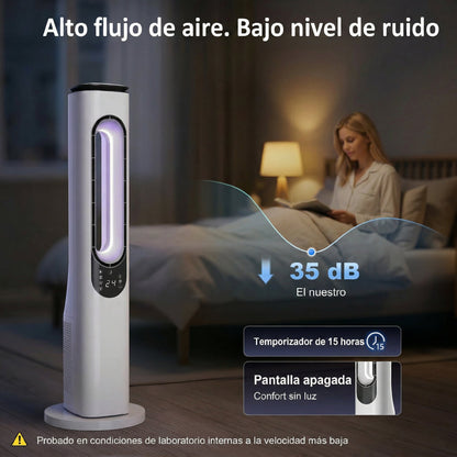 Ventilador de Torre sin Aspas con Luces LED Control Remoto 3 Velocidades 3 Modos Temporizador 15H Oscilación 50° Blanco