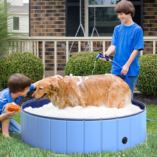 Piscina para Perros, Piscina Plegable para Perros, Plástico Duro e Impermeable, Bañera Portátil para Mascotas con Base Antideslizante y Orificio de Drenaje, para Interior, Exterior, Jardín, Patio, 120 x 30 cm, Azul