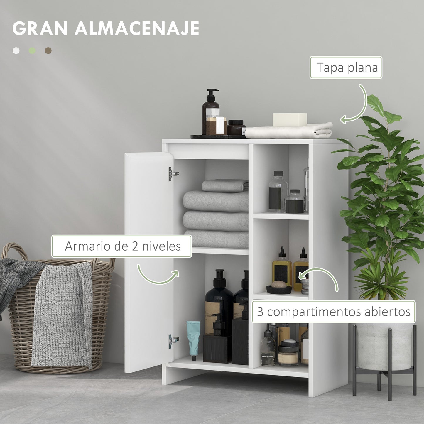 Armario de Baño con Estantes Abiertos Puerta y Estante Ajustable Antivuelco para Salón Dormitorio 53x30x80 cm Blanco
