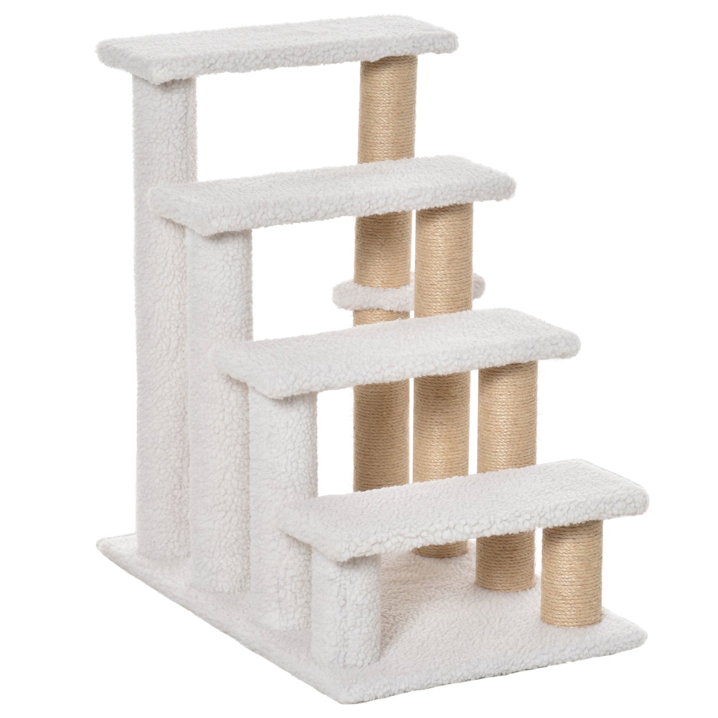 Escalera para Mascotas con Escalón de 4 Peldaños, Rascadores, Plataformas, Pelota de Juguete, para Gatos y Gatitos Mayores de Interior, Blanco
