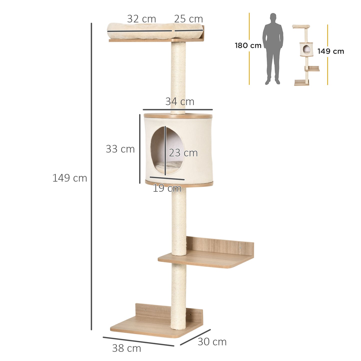 Árbol para Gatos de Pared 38x30x149 cm con Múltiples Plataformas de Madera Cueva Cama Superior Cojín Extraíble Postes Rascadores de Sisal Torre para Escalar Beige y Roble