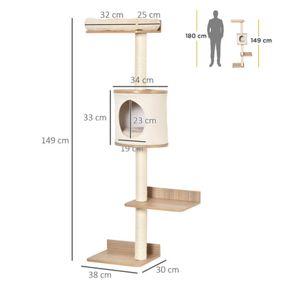 Árbol para Gatos de Pared 38x30x149 cm con Múltiples Plataformas de Madera Cueva Cama Superior Cojín Extraíble Postes Rascadores de Sisal Torre para Escalar Beige y Roble