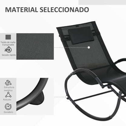 Tumbona Mecedora con Reposacabezas Reposabrazos y Marco Metálico Carga 120 kg para Interior y Exterior 155x61x88cm Negro